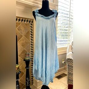 Light Blue Sun Dress with Ruffle Neckline